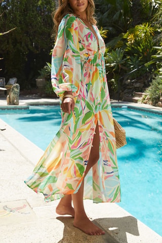 Robe longue - Bleu, vert et rose