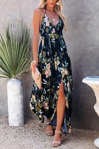 Robe longue fleurie - Noir et vert