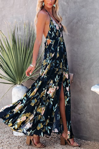 Robe longue fleurie - Noir et vert