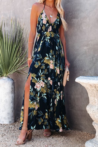 Robe longue fleurie - Noir et vert