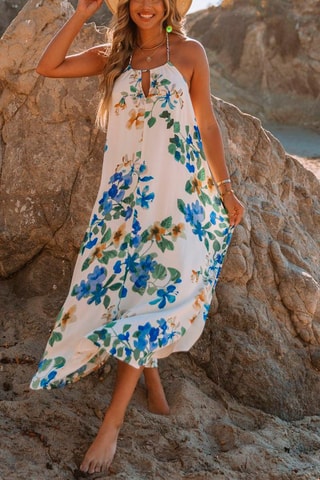 Robe longue - Blanc, beige, bleu et vert