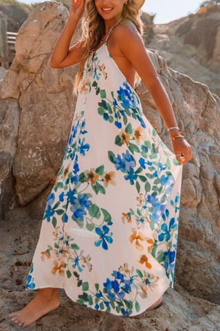 Robe longue - Blanc, beige, bleu et vert