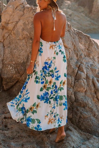 Robe longue - Blanc, beige, bleu et vert