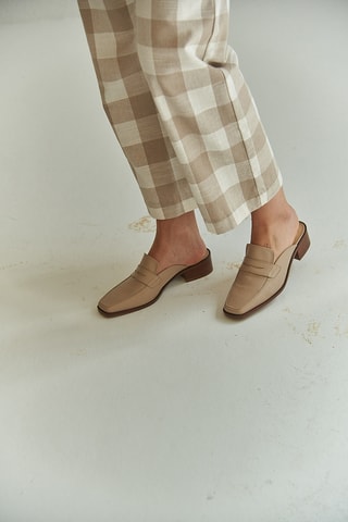 Leren en Houten Muiltjes met Hak - Beige