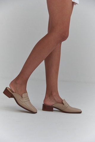 Leren en Houten Muiltjes met Hak - Beige