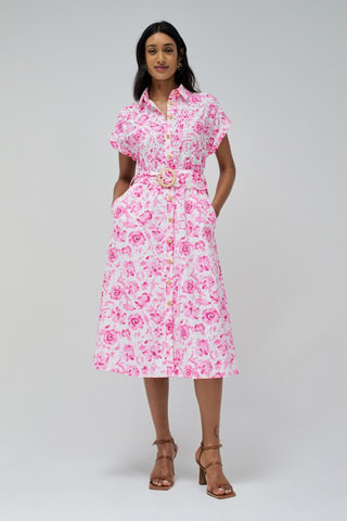 Robe chemise en broderie anglaise - Blanc et rose