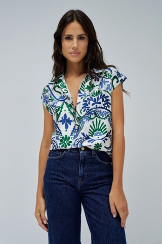 Blouse regular - Blanc, bleu et vert