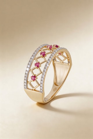 Bague Rubis Losange - Or jaune, diamants et rubis