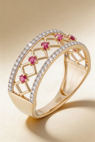 Bague Rubis Losange - Or jaune, diamants et rubis