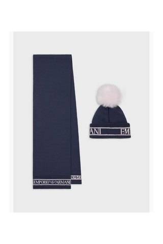 Bonnet à pompon et écharpe en laine - Blanc marine