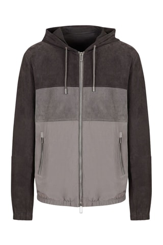 Veste en cuir de chèvre nubuck à capuche - Gris - Emporio Armani