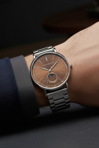 Reloj de cuarzo de acero - Contador de fase lunar - Plateado y marrón