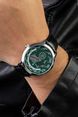 Reloj de cuarzo de piel - GMT - Brújula - Negro y plateado