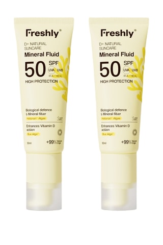 2 fluides solaires minéraux visage D+ Natural Suncare - SPF 50 - Peaux sensibles et atopiques - 2 x 50 ml