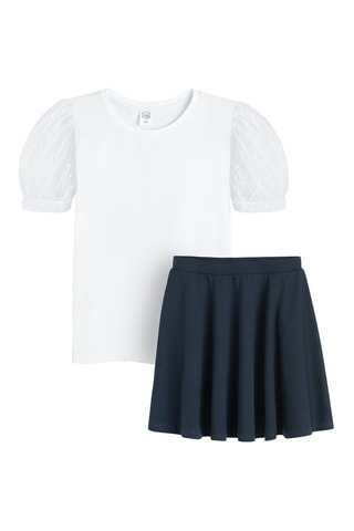 T-shirt bi-matière et jupe - Blanc et bleu marine