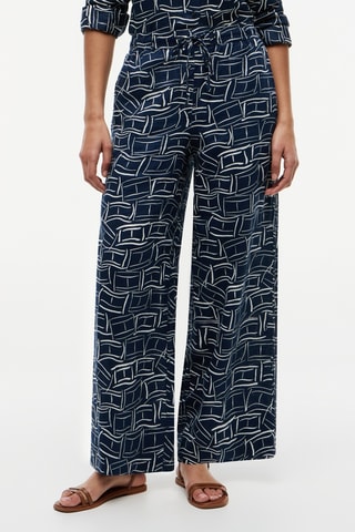 Pantalon relaxed wide legs en lin - Bleu marine et blanc
