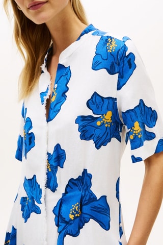 Robe chemise en lin - Blanc et bleu cobalt