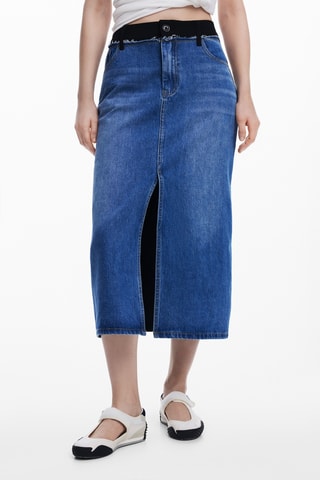Gonna midi in jeans a vita alta - Blu scuro