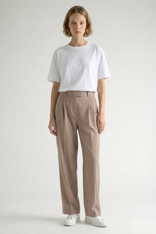 Pantalon relaxed taille haute en laine - Beige