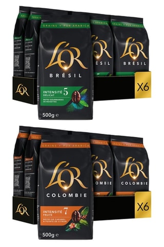 6 x 500 g - Café en grano L'Or Espresso Brasil - Intensidad 5 + 6 x 500 g - Café en grano L'Or Colombia - Intensidad 7