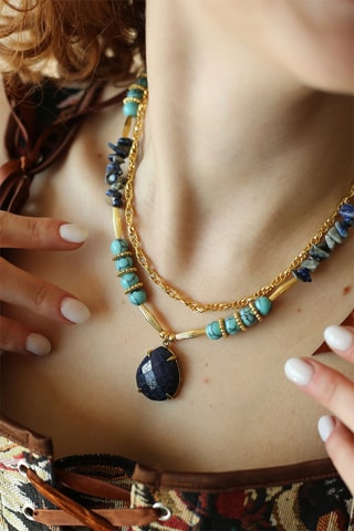 Collier double-rangs - Plaqué or jaune, saphirs et turquoises