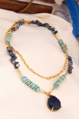Collier double-rangs - Plaqué or jaune, saphirs et turquoises