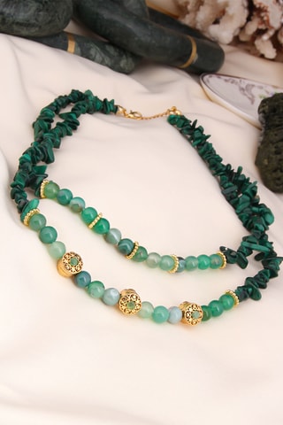Collier double-rangs - Plaqué or jaune, malachites et zircons