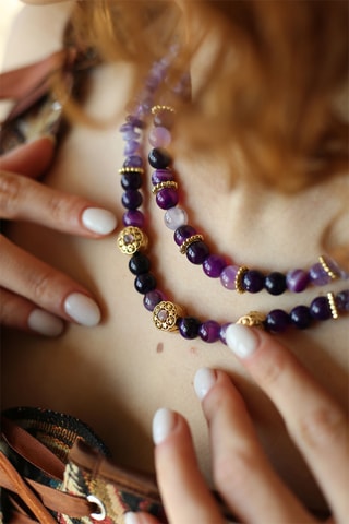 Collier - Plaqué or jaune, améthystes et zircons