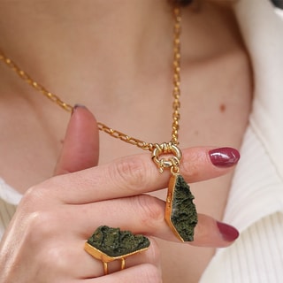 Parure bague & collier - Laiton plaqué or & Forest quartz 