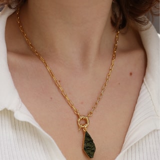 Parure bague & collier - Laiton plaqué or & Forest quartz 