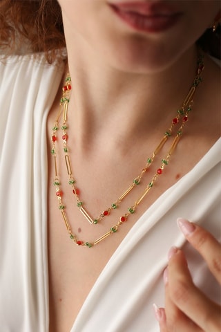 Collier double rang - Plaqué or jaune et pierres naturelles