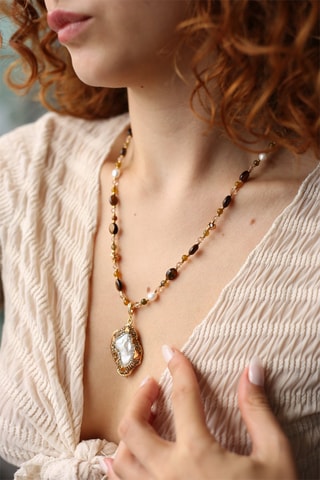Collier - Perles de culture, œils-de-tigre et zircons