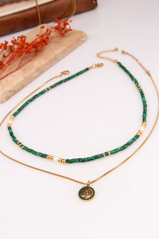 2 colliers - Plaqué or jaune, malachites et perles de culture 
