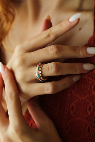 Bague - Plaqué or jaune, zircons et turquoises