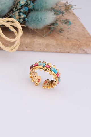 Bague - Plaqué or jaune, zircons et turquoises
