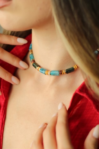 Collier - Plaqué or jaune, turquoises et œils-de-tigre
