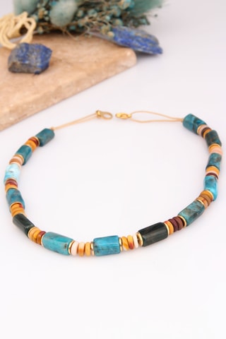 Collier - Plaqué or jaune, turquoises et œils-de-tigre