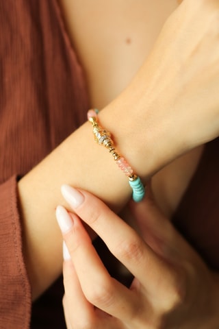 Bracelet - Plaqué or jaune, turquoises et quartz