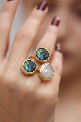 Bague dorée à l'or fin jaune - Labradorites et perle de culture