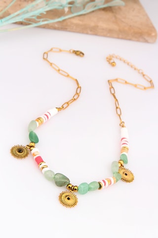 Collier - Plaqué or jaune, jaspes et aigues-marines