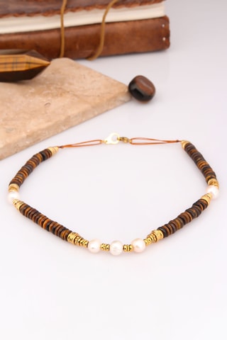 Collier - Plaqué or jaune, œils-de-tigre et perles de culture