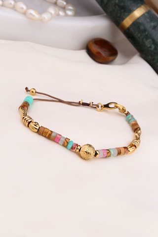 Bracelet - Plaqué or jaune, turquoises, quartz et œils-de-tigre