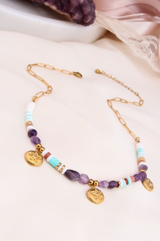 Collier - Plaqué or jaune, jaspes et améthystes