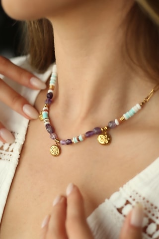 Collier - Plaqué or jaune, jaspes et améthystes