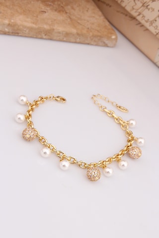 Bracelet - Plaqué or jaune, zircons et perles de culture