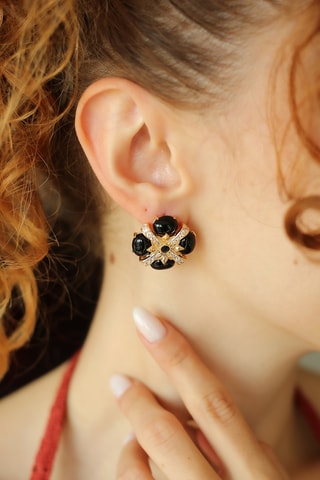 Puces - Plaqué or jaune, onyx et zircons