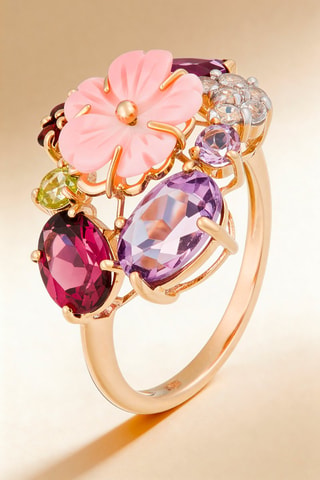 Bague Jardin anglais - Or jaune, améthystes, grenats, péridot, rhodolite, topazes et nacre