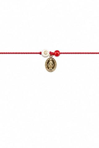Bracelet Vierge Marie - Fil de soie, corail rouge et or jaune laminé