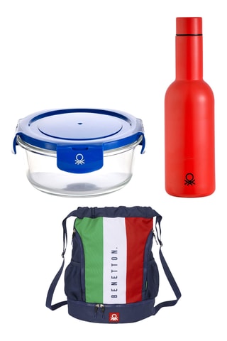 Gourde en acier inoxydable - 550 ml, Boîte de conservation en verre borosilicate - 0,57 l et Sac à dos - Bleu marine