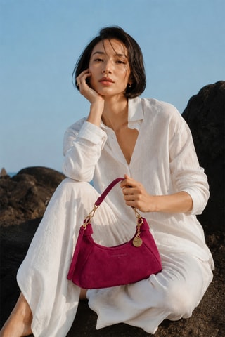 Sac porté épaule en nubuck River - Fuchsia